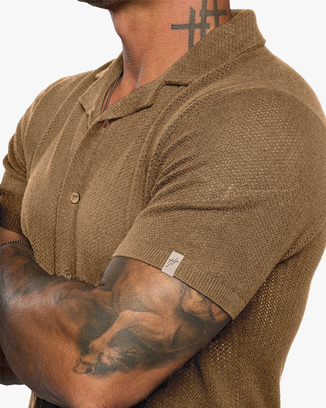 Mykonos Linen Blend Pointelle Knit Slim Fit Button Up Shirt - Camel - WESTON JON BOUCHÉR