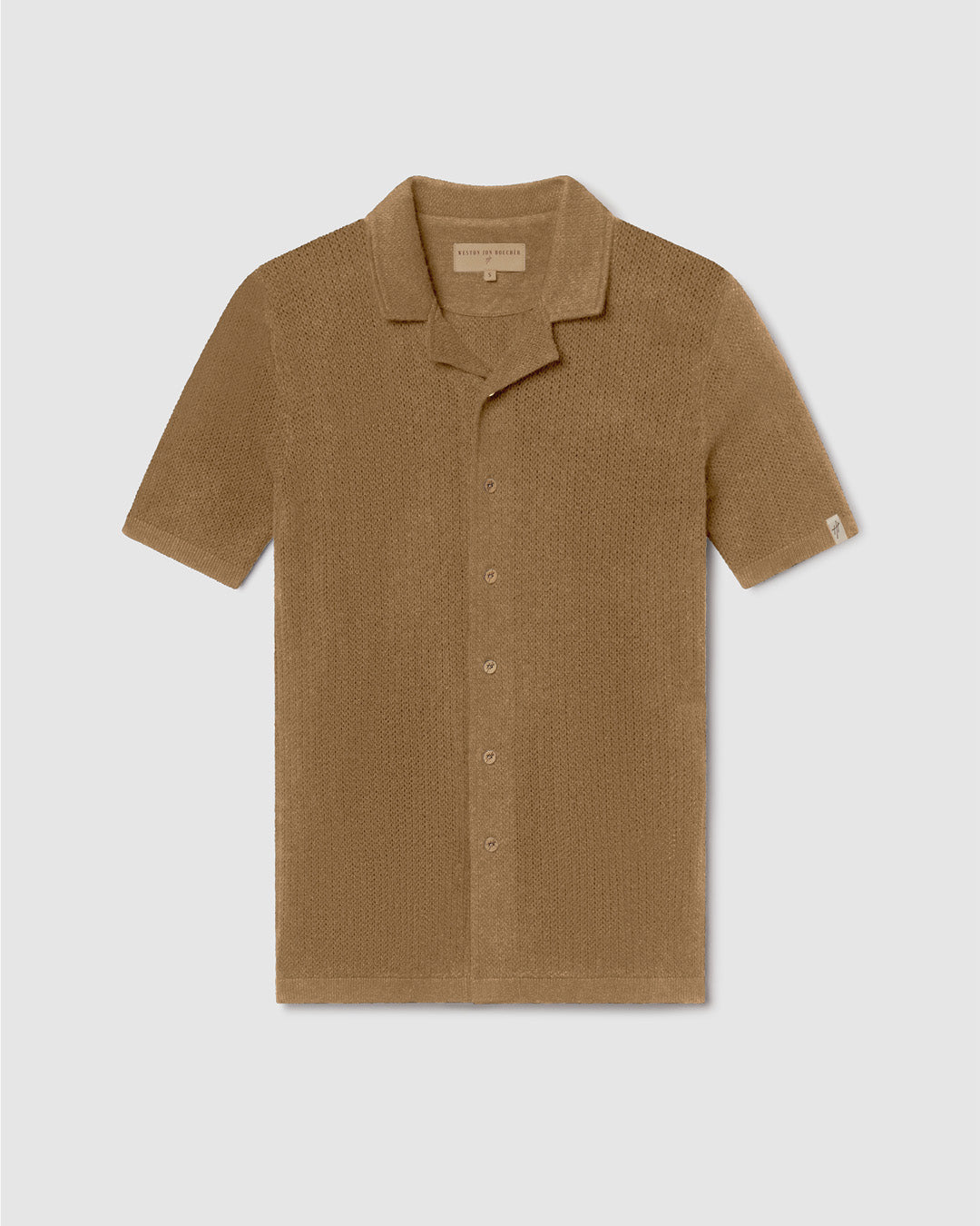 Mykonos Linen Blend Pointelle Knit Slim Fit Button Up Shirt - Camel - WESTON JON BOUCHÉR