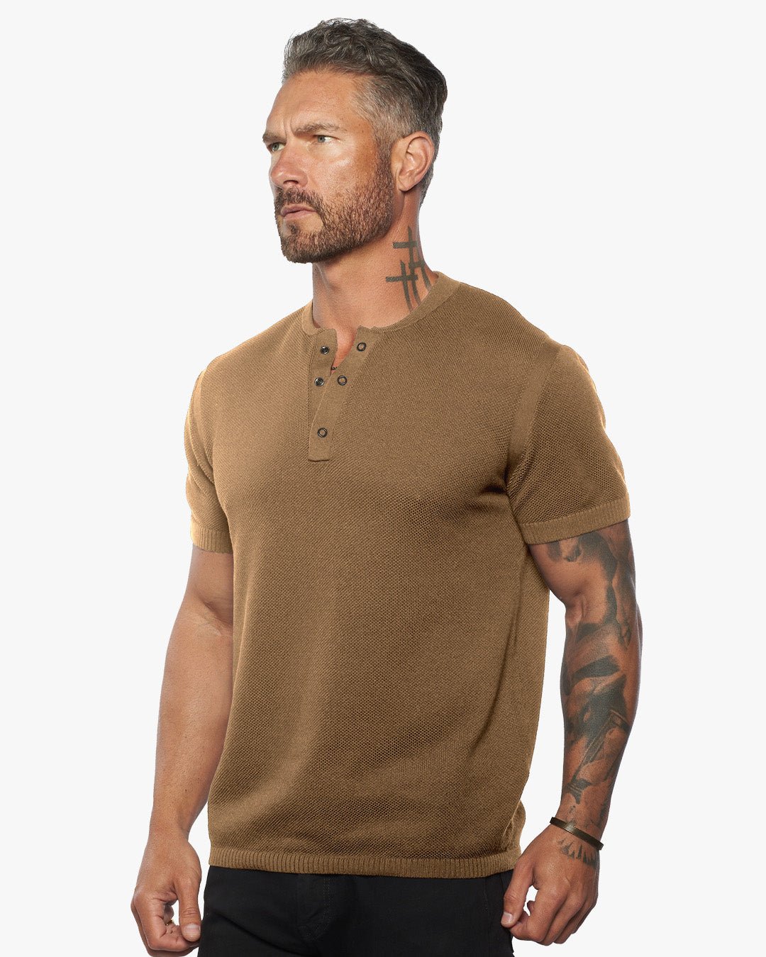 SS Mandarin Collar Slim Fit Knit Henley - Camel - WESTON JON BOUCHÉR