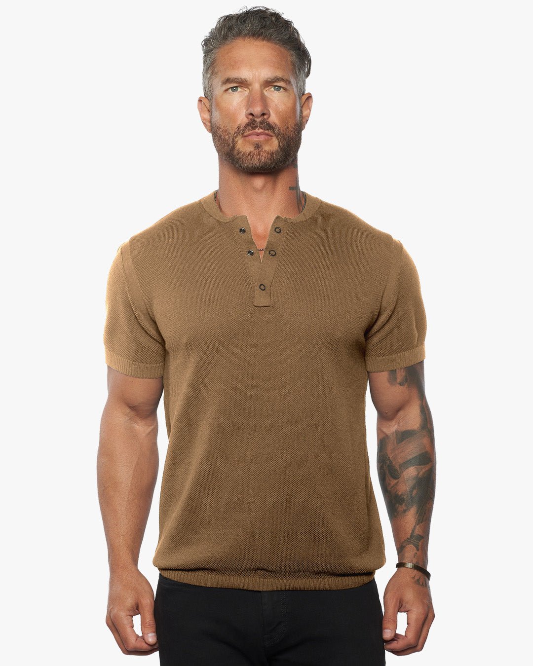 SS Mandarin Collar Slim Fit Knit Henley - Camel - WESTON JON BOUCHÉR