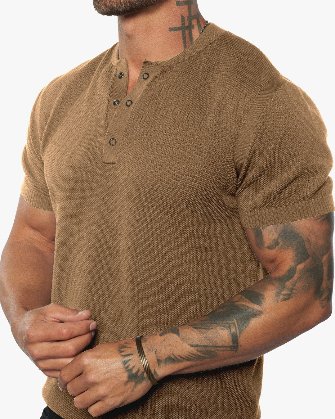 SS Mandarin Collar Slim Fit Knit Henley - Camel - WESTON JON BOUCHÉR